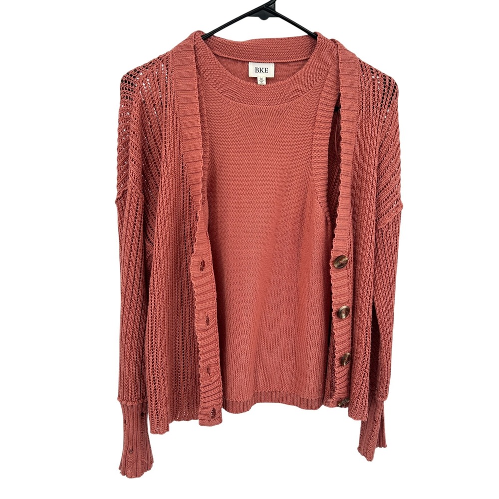 Boho‎ Distressed Knit Cardigan Sweater M Rust Open Knit Layered Indie Grunge